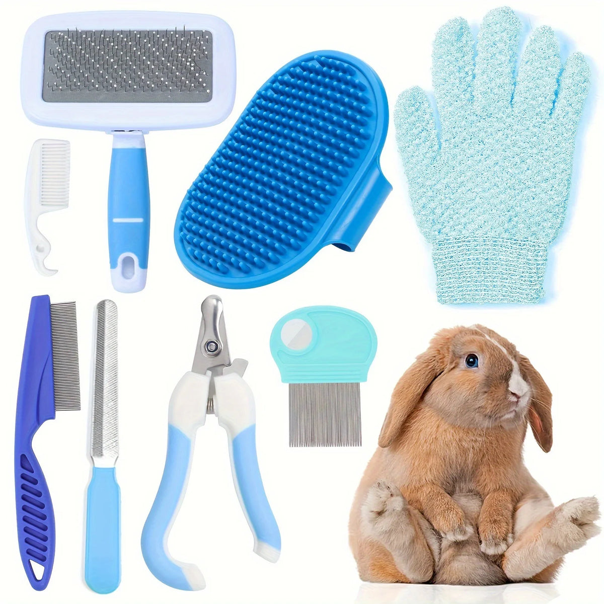Kit toilettage lapin 8 pièces bleu – brosse, peigne anti-puces, coupe-ongles, gant et brosse silicone