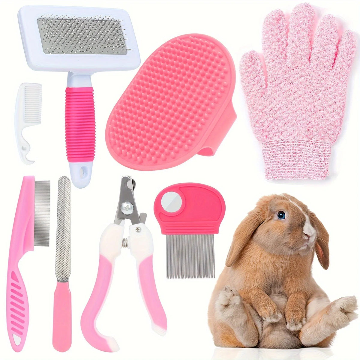 Kit toilettage lapin 8 pièces rose – brosse, peigne, coupe-ongles, gant et brosse bain silicone