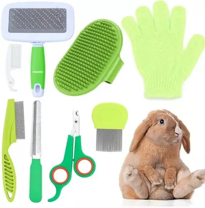 Kit toilettage lapin 8 pièces vert – brosse, peigne, coupe-ongles, gant et brosse bain silicone