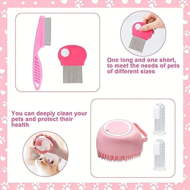 Peigne anti-puces et brosse bain silicone rose – kit toilettage chien et chat