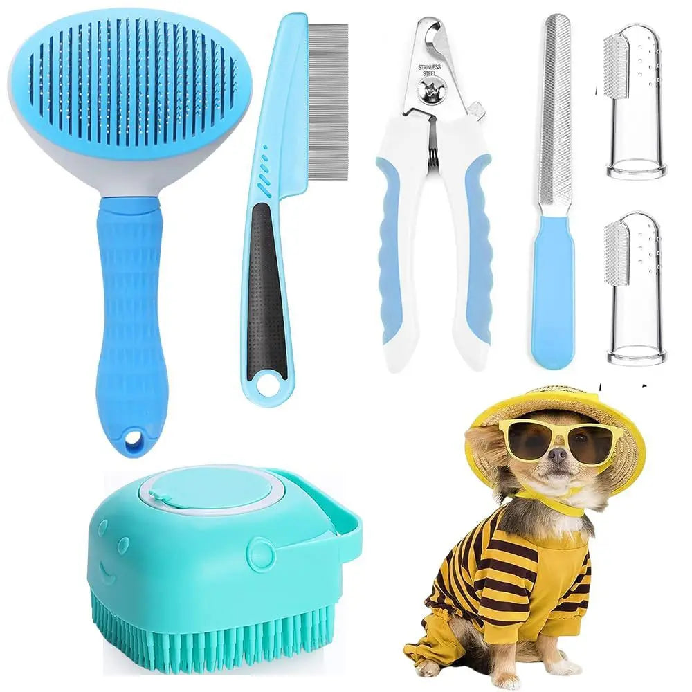 Kit toilettage 7 pièces bleu pour petit chien – brosse ronde, peigne, coupe-ongles et brosse bain silicone