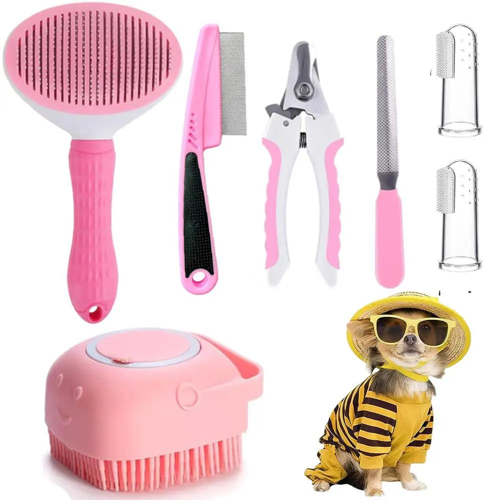 Kit toilettage 7 pièces rose pour petit chien – brosse ronde, peigne, coupe-ongles, lime et brosse bain