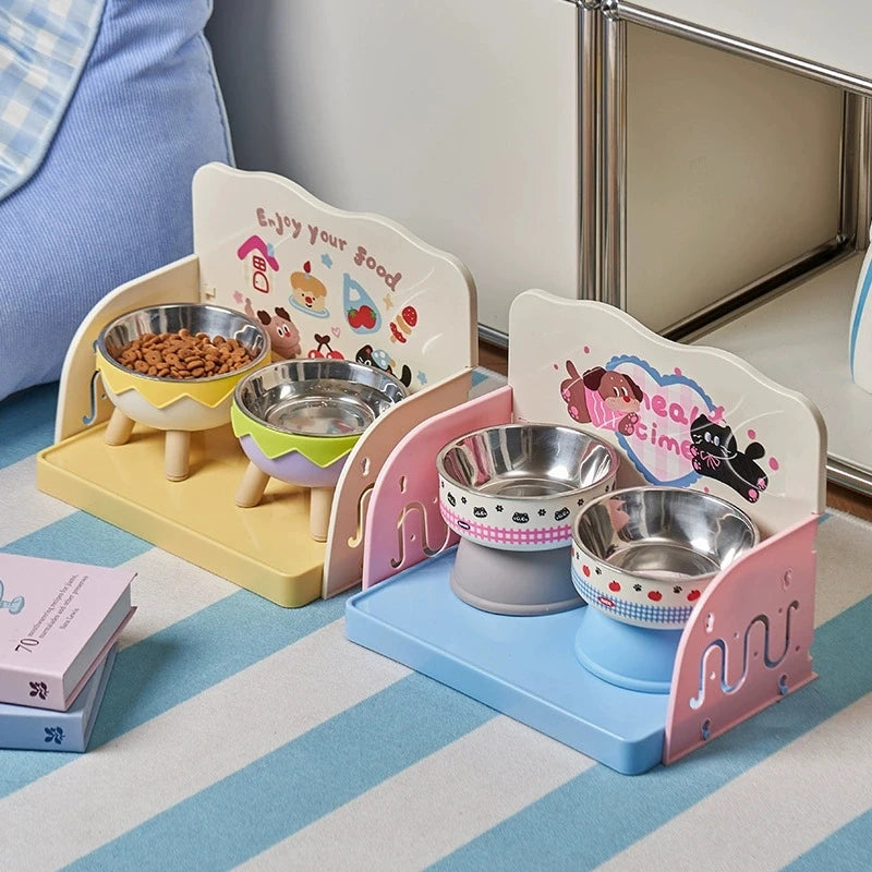 Support gamelle double surélevé chat et chien coloris jaune et rose – gamelles inox amovibles
