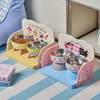 Support gamelle surélevé double pour chat et chien – modèles jaune et rose avec gamelles inox amovibles